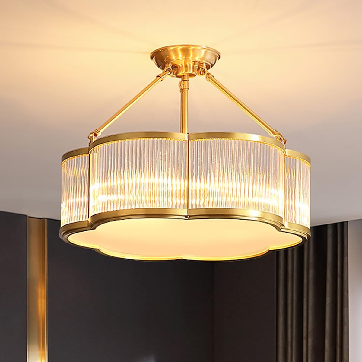 Vintage Semi-Flush Gold Chandelier,Mid-Century Modern Brass Ceiling Light Fixture,Art Deco Floral Ceiling Light,Frosted Glass Ceiling Lamp for Nursery Bedroom Kitchen