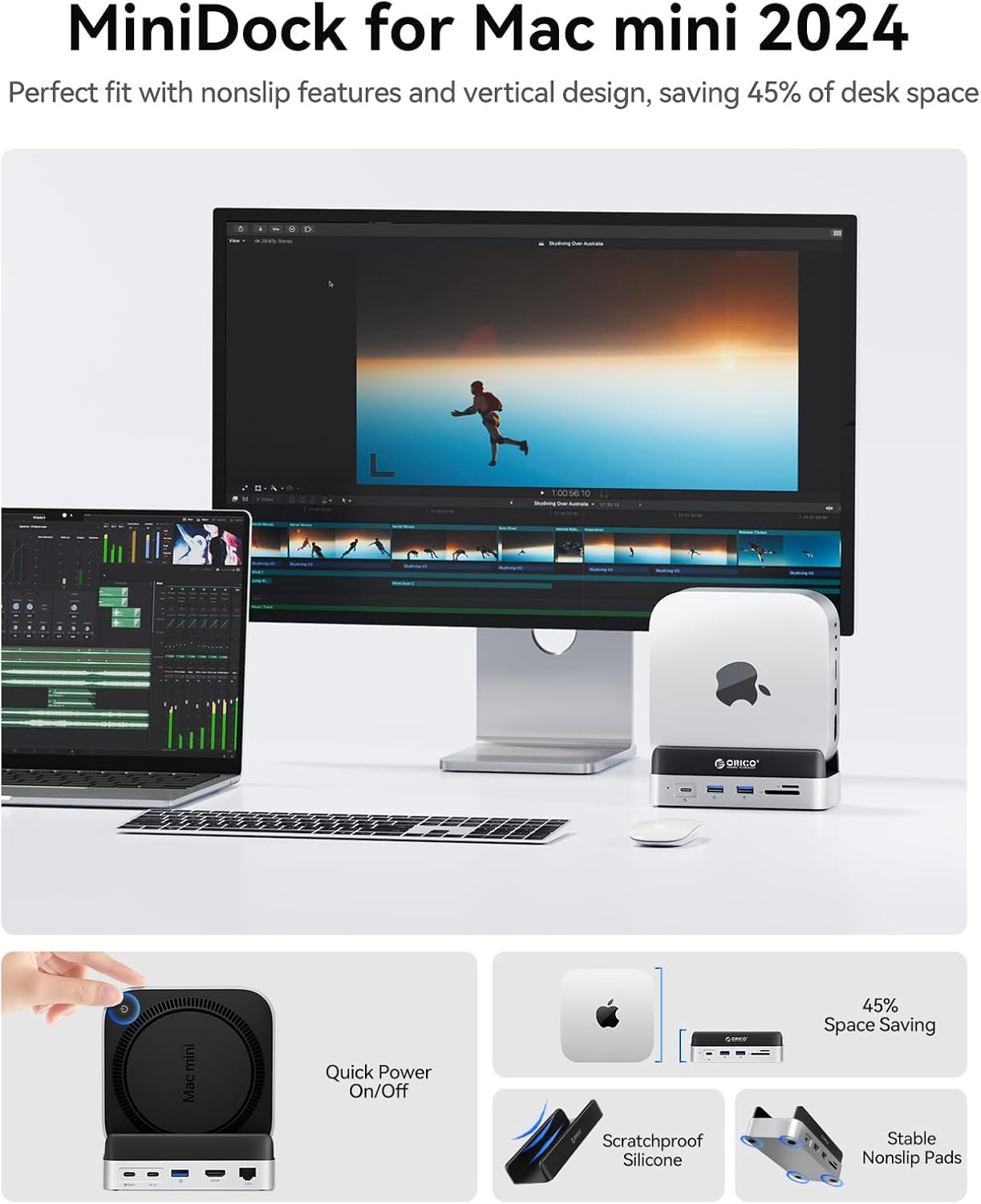 ORICO MiniDock and Stand Compatibility with Mac mini M4, 9-in-1 Aluminum Hub with 4TB NVMe M.2 SSD, 10Gbps USB-C & USB-A,5Gbps USB-A,4K HDMI, Gigabit Ethernet, SD/TF Card Readers,Type-C(PD3.0)