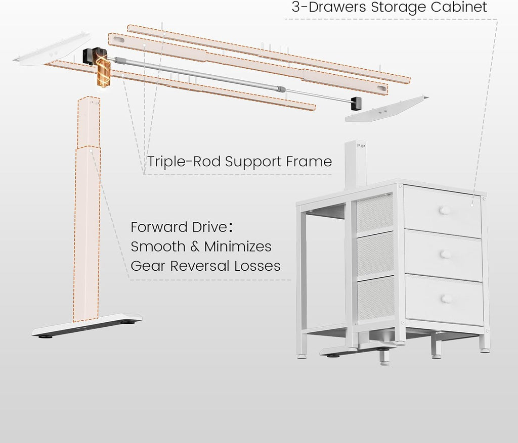 REAHOME Electric Standing Desk with Drawers, 47 x 24 Inches Height Adjustable Sit Stand Desk with Storage, 3 Memory Preset Home Office Computer Table, Printer Cabinet, 2 Hooks, Cable Management, White