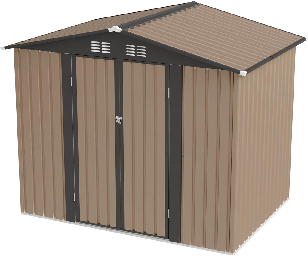YOPTO 8x6 FT Outdoor Storage Shed,Waterproof Metal Cabinet with Apex Roof and Lockable,Storage Sheds House Shelter w/Vents,Tool House for Storing Bicycles,Lawnmowers,Brown