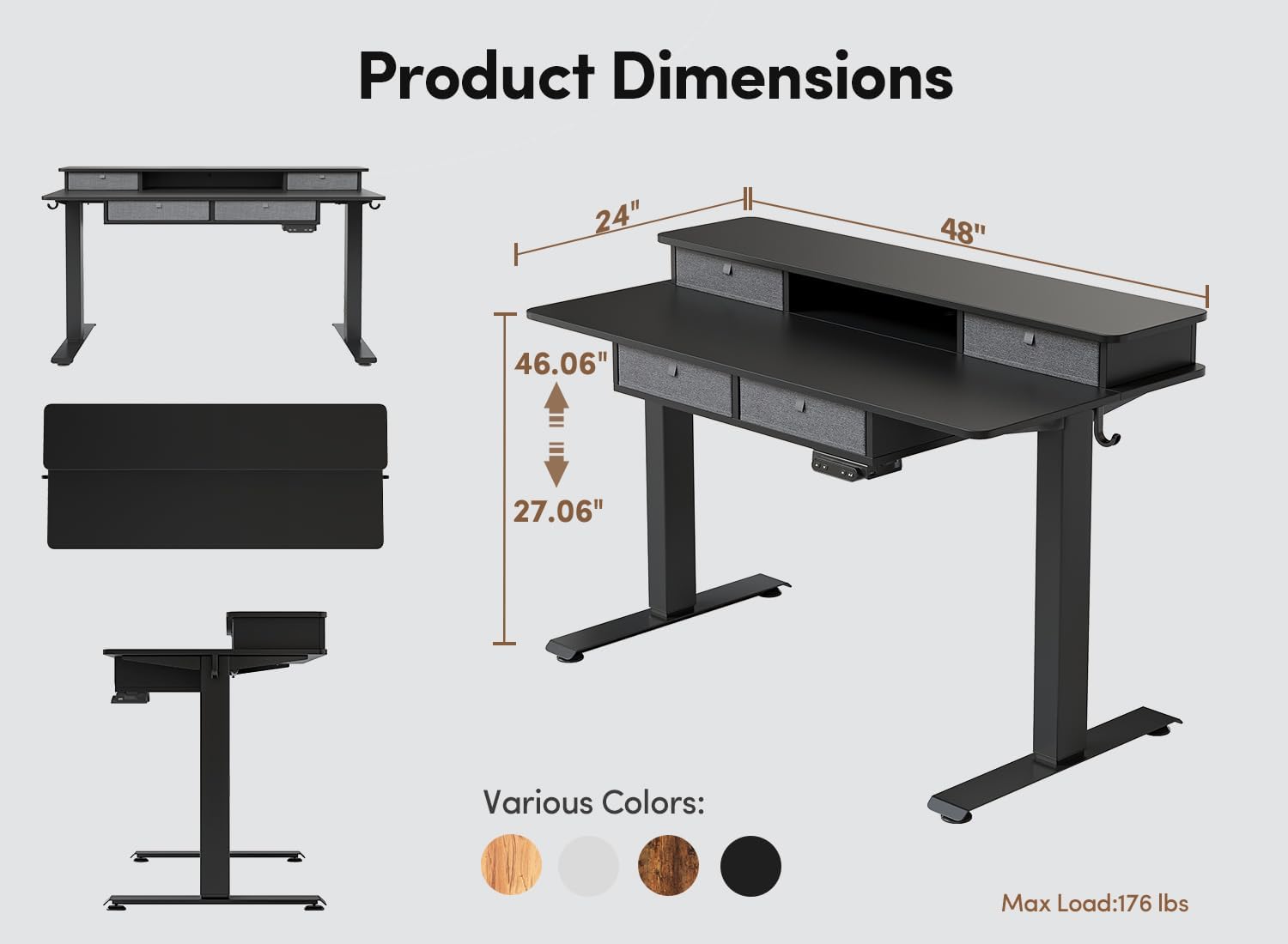 BANTI Height Adjustable Electric Standing Desk with 4 Drawers, 48 x 24 Inch Table with Storage Shelf, Sit Stand Desk, Black Top