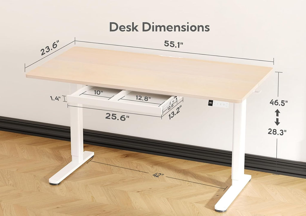 Claiks Standing Desk with Drawers, 55x24 Inch Electric Stand Up Adjustable Height Desk Computer Workstation, Natural