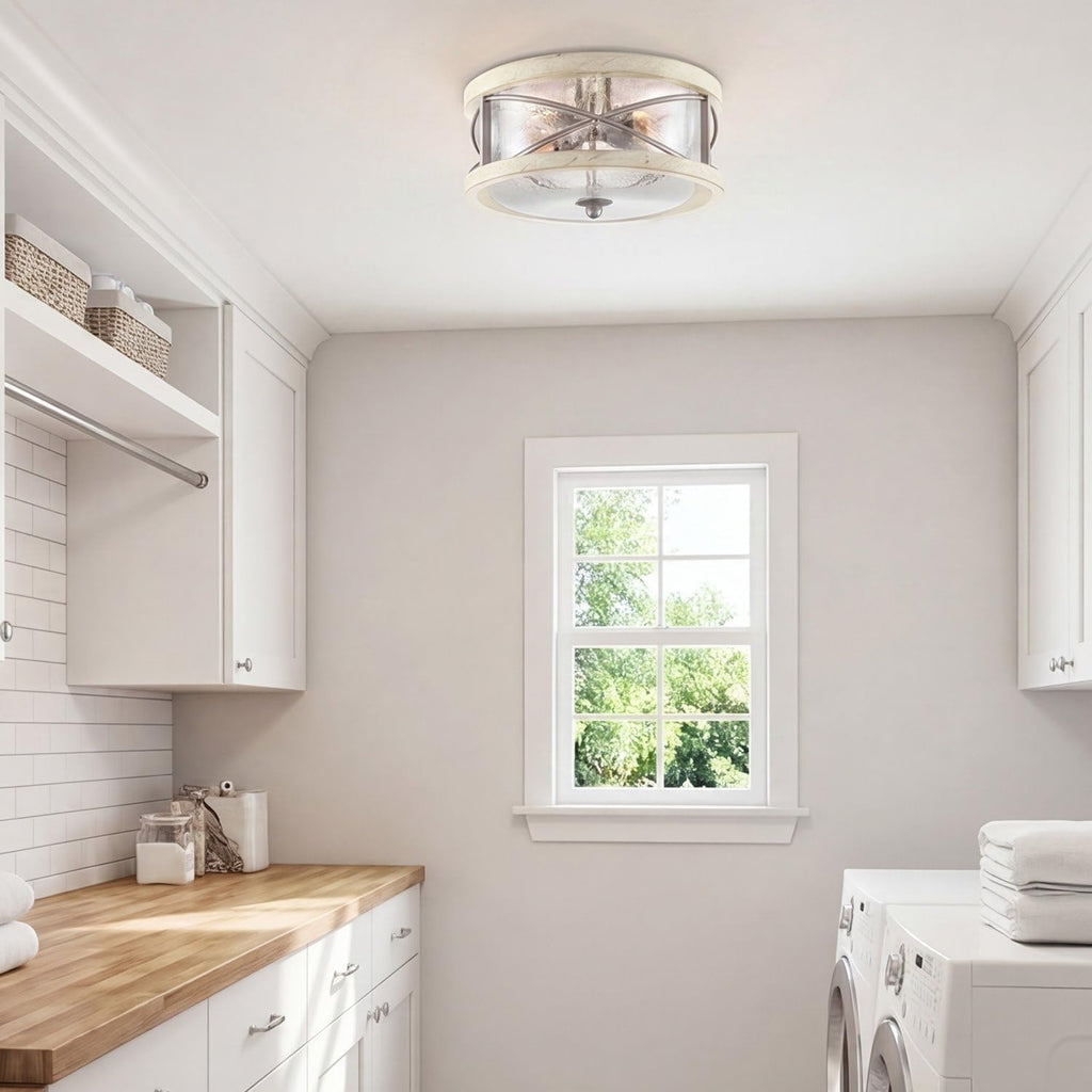 Kira Home Blaylock 13' 2-Light Farmhouse Flush Mount Ceiling Light with Hammered Glass Shade, Modern Hand-Painted Wood Grain Metal Fixture, White Ash Wood and Galvanized Steel Finish