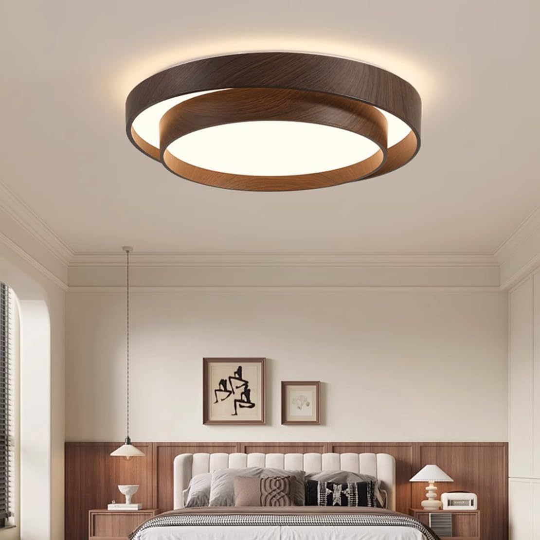Bedroom Ceiling Light Contemporary LED Close to Ceiling Light Fixtures 19.7 Inch Wood Grain Decaration 2-Layer 3000K 48W LED Flush Mount Light for Hallway Living Room Kitchen