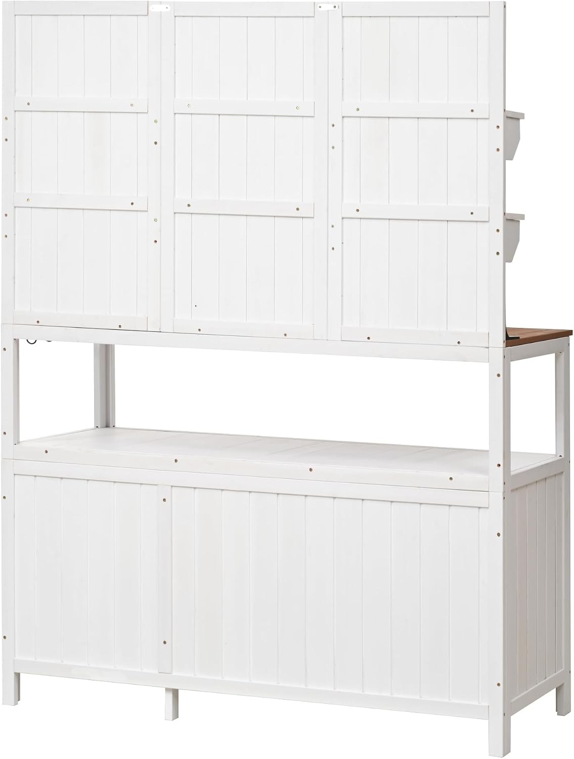 JIVOIT Outdoor Garden Potting Bench Table, 50.2' Solid Fir Wood Garden Workstation Work Bench, Outdoor Planting Table with Hutch, Large Countertop, 2 Shelves, 2 Cabinets, 3 Side Hooks