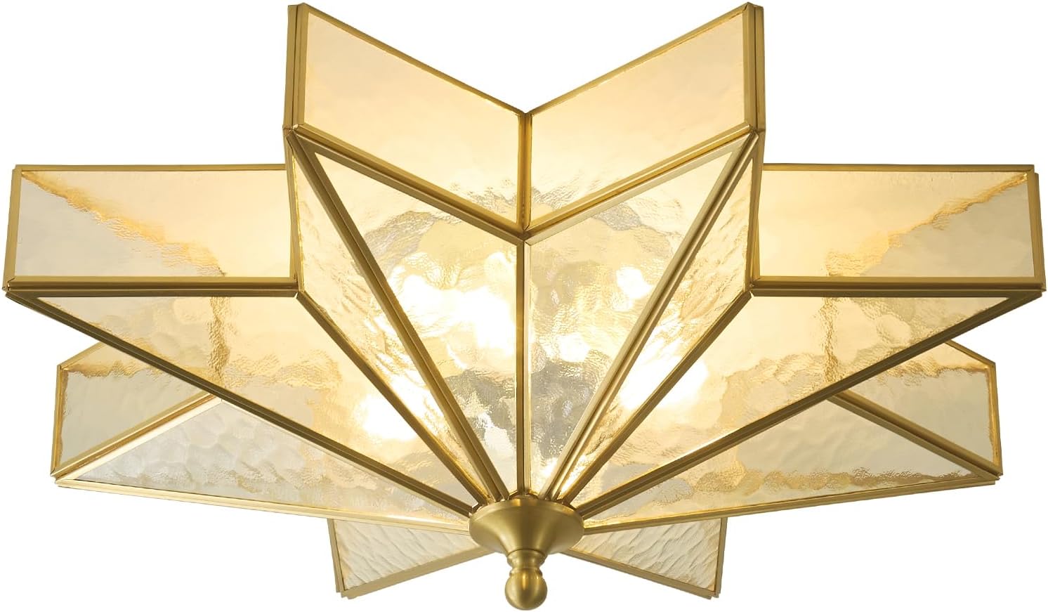 Star Brass Vintage Ceiling Light - 19.7 Inch Large Hammered Glass Antique Brushed Gold Flush Mount Fixture, Mid Century Art Deco Overhead Lighting for Kitchen Hallway Bedroom Bathroom Laundry Entryway