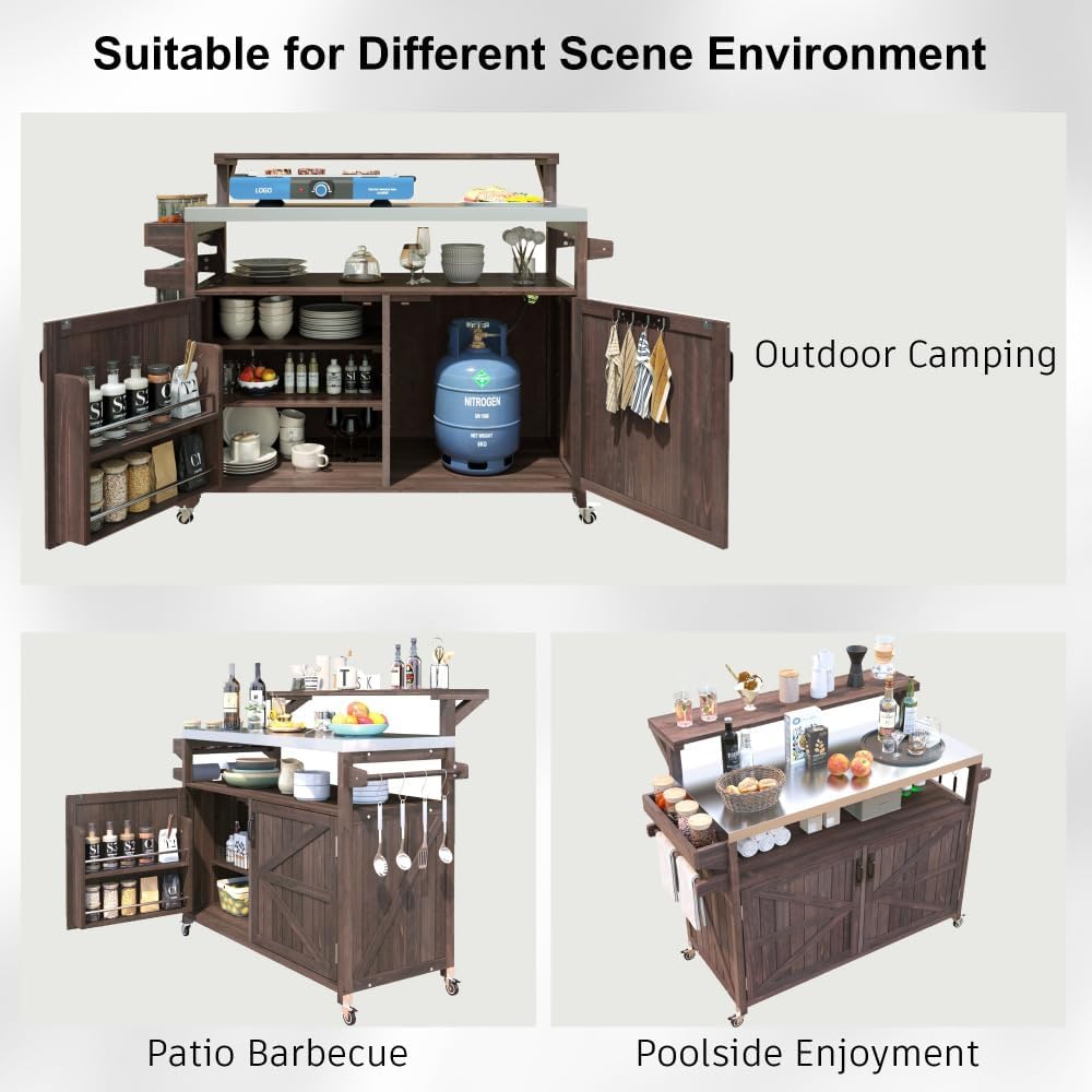 53.3' Outdoor Kitchen Island with Raised Shelf, Solid Wood Storage Cabinet with Stainless Steel Top, Outdoor Rolling Grill Cart with Internal Storage Rack, Adjustable Shelf, Spice Rack (Brown)