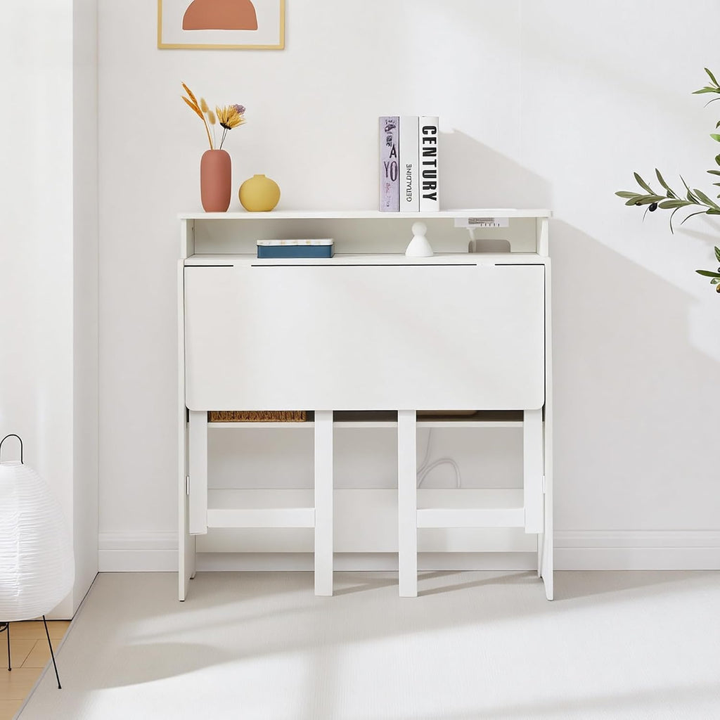 Folding Desk with Charging Station,Fold Out Desk with Monitor Stand,Storage Shelf,Small Foldable Computer Desk for Compact Home Office Spaces (White)