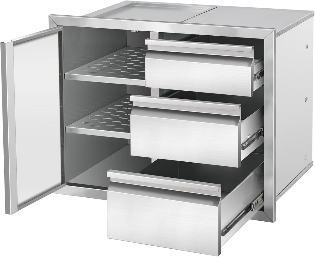 Outdoor Kitchen Drawer Combo Cabinet Stainless Steel Triple Drawers & Access Doors, 28' W x 22' H x 19.5' D, Built-in BBQ Island Cabinet for Outdoor Grill Station (Drawer and Left Door Combo)