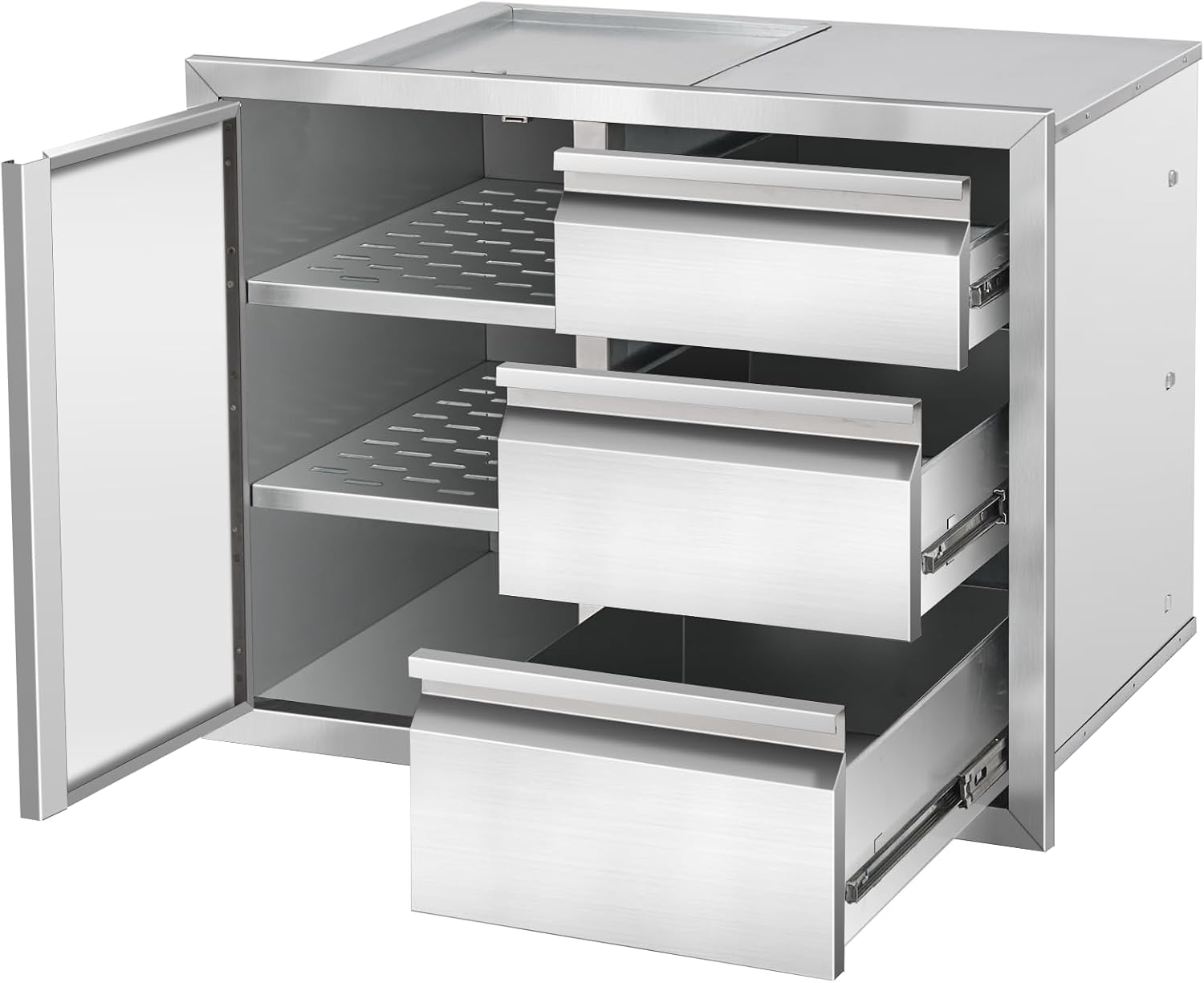 Outdoor Kitchen Drawer Combo Cabinet Stainless Steel Triple Drawers & Access Doors, 28' W x 22' H x 19.5' D, Built-in BBQ Island Cabinet for Outdoor Grill Station (Drawer and Left Door Combo)