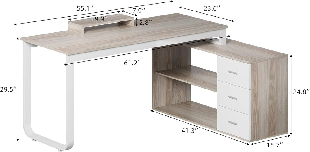 HOMBCK L Shaped Desk with Drawers and Shelves, 55' Office Desk with Storage, Removable Monitor Stand, Reversible L Shaped Desk, Corner Desk for Bedroom,Home Office, White & Walnut