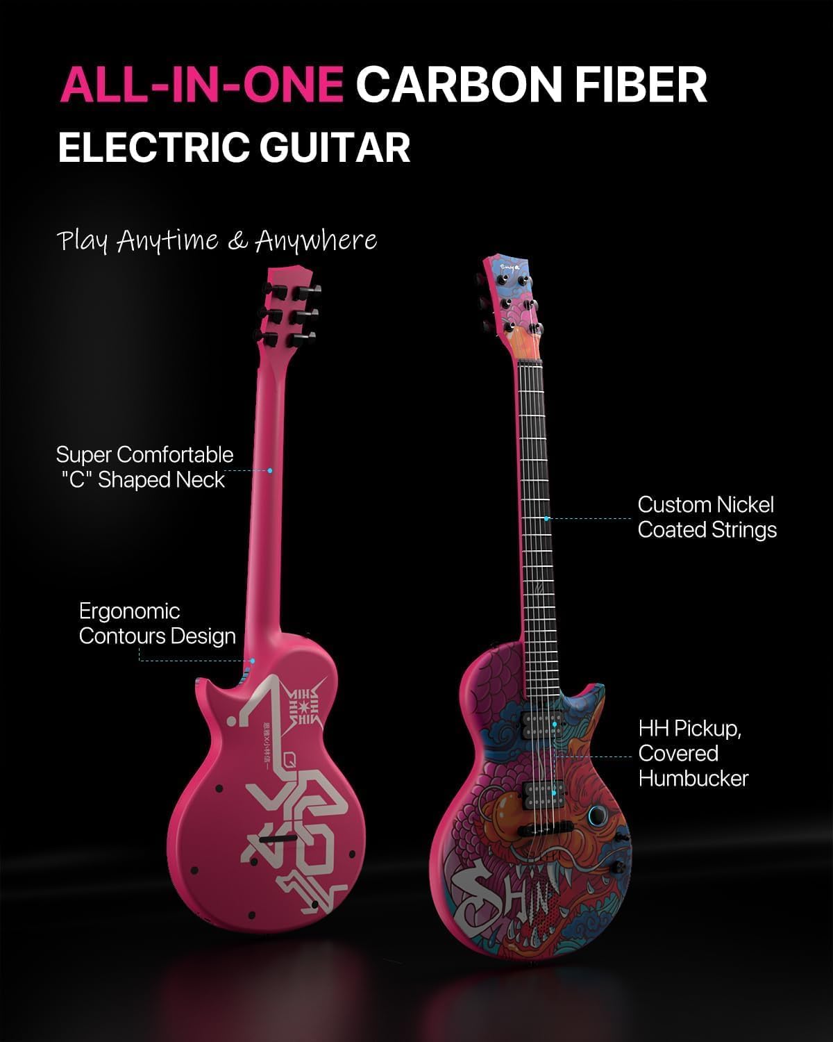 Enya Electric Guitar Shinichi Kobayashi Signature Loong Nova Go Sonic Smart Electric Carbon Fiber Guitarra with 10W Wireless Speaker, All-in-One Portable Rig for Street Performers & Home Studios