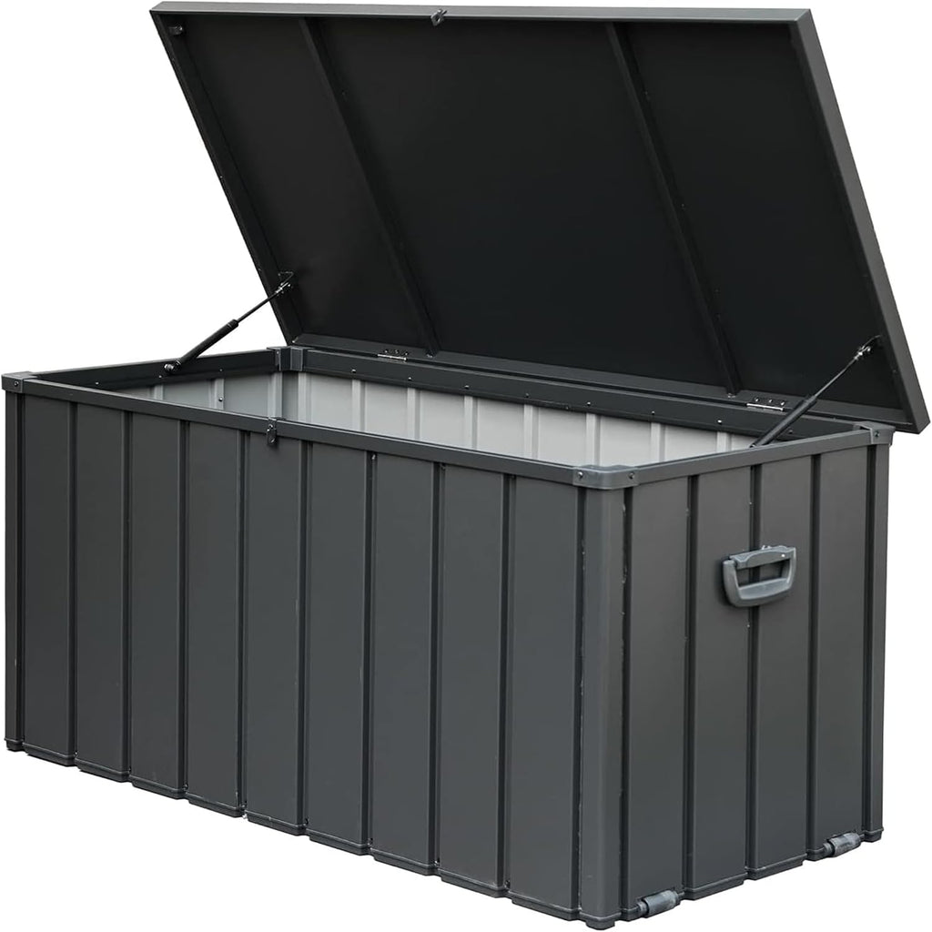 120 Gallon Metal Deck Box, Outdoor Storage Box Waterproof with Wheels, Lockable Storage Container for Patio Furniture Cushions Garden Tools, Dark Gray