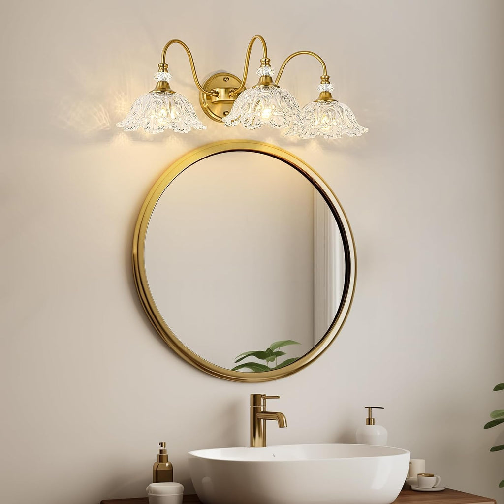 Gold Bathroom Vanity Light, 3-Light Brushed Gold Finish Vanity Light with Floral Clear Glass Shades, Retro Wall Mount Lighting for Bathroom, Dressing Table