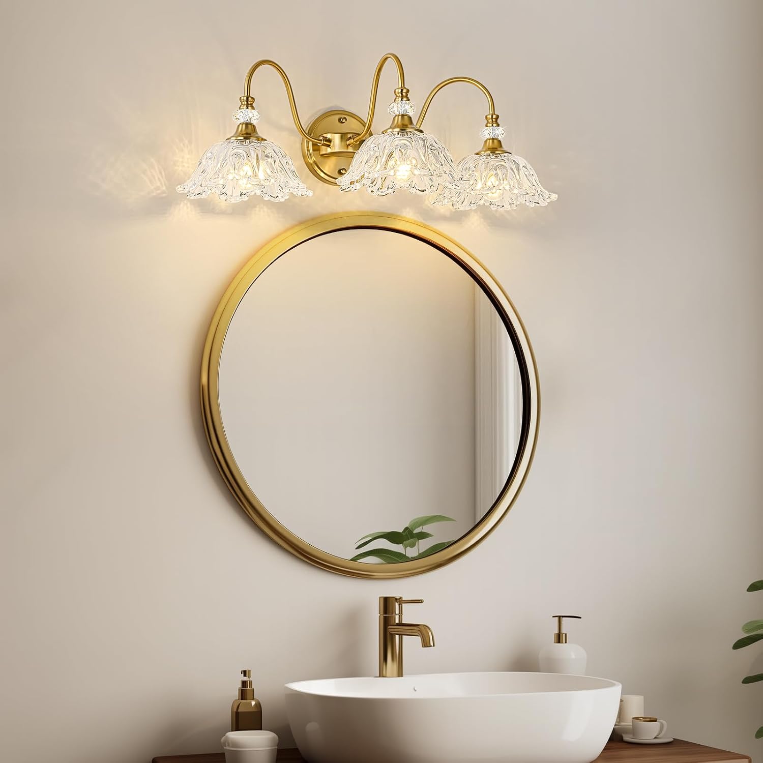 Gold Bathroom Vanity Light, 3-Light Brushed Gold Finish Vanity Light with Floral Clear Glass Shades, Retro Wall Mount Lighting for Bathroom, Dressing Table