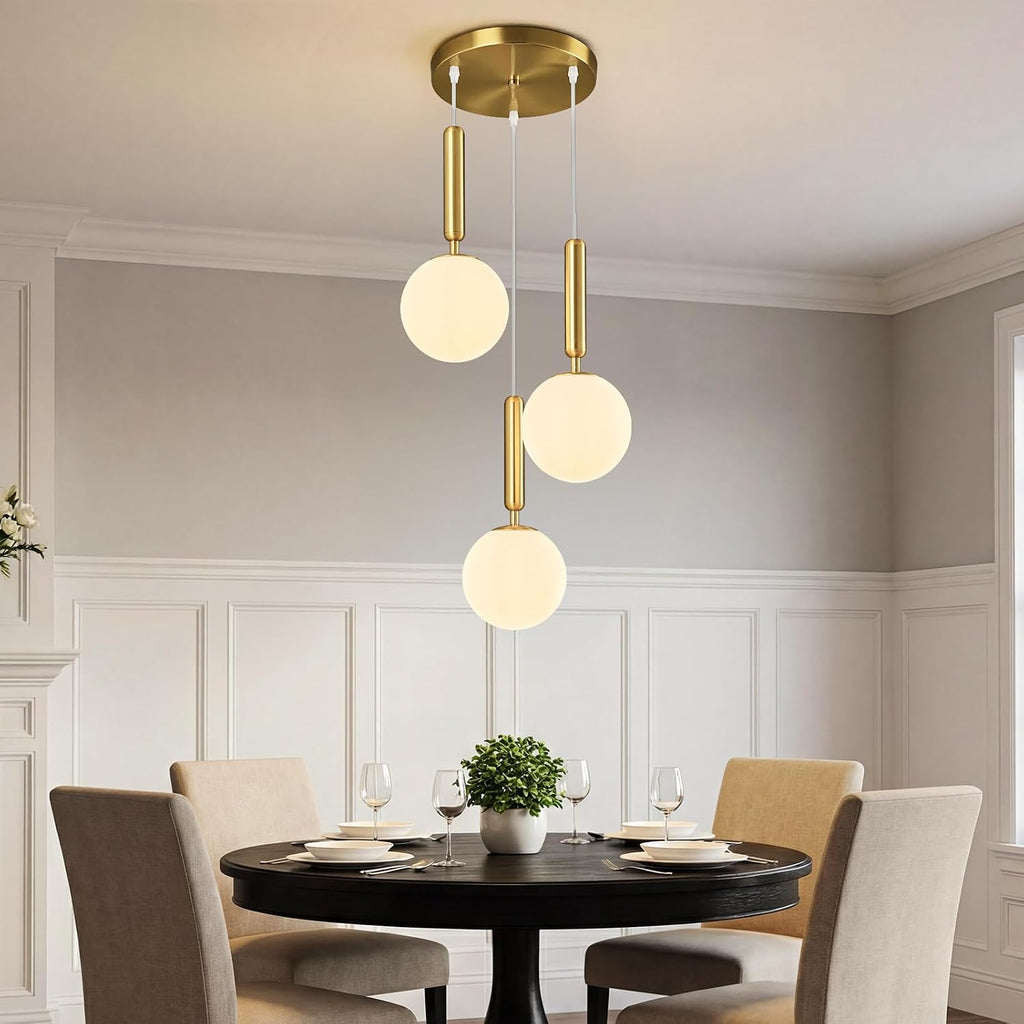 Modern Gold Pendant Light Hanging Fixture Light for Kitchen Island Mid Century with Globe Pendant Light Milk White Glass Pendant Lighting for Living Room Bedroom Entryway (3 Lights)