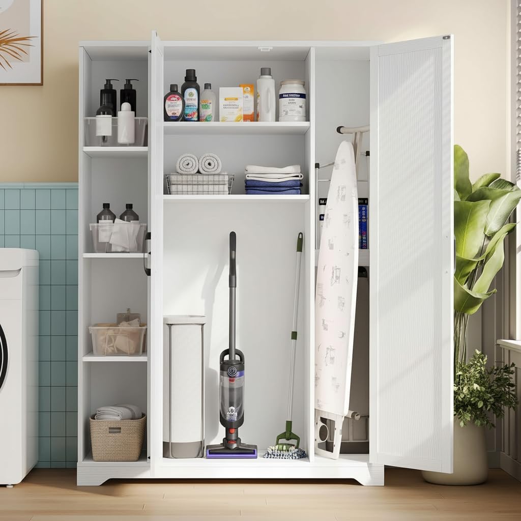 YITAHOME Wooden Garage Broom Cabinets with Adjustable Shelves, Multifunctional Organizer for Ironing Boards and Vacuum Cleaners, Tool Storage Cabinet for Gym, Basement, Warehouse, Oak White