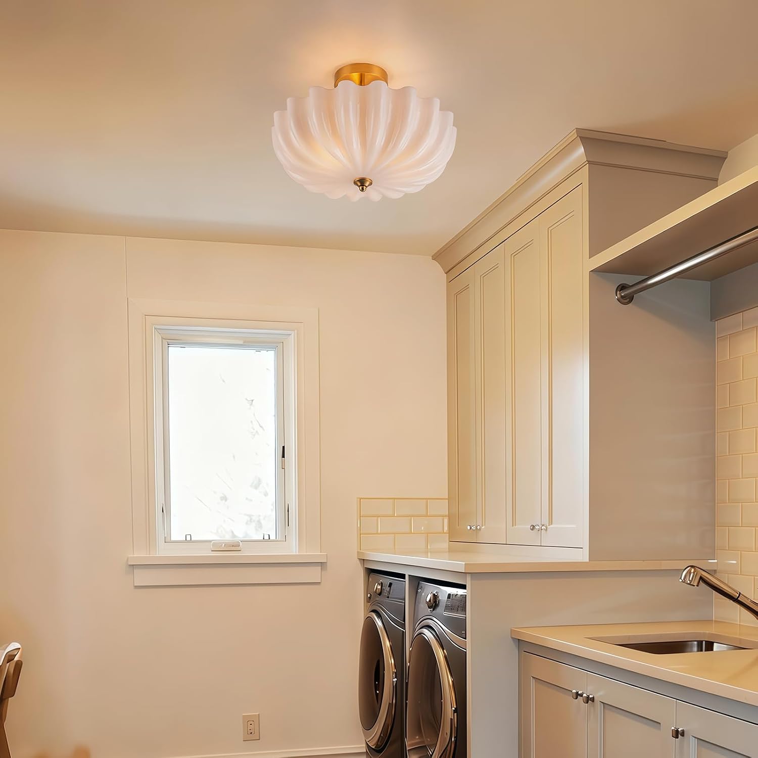 Gold Semi Flush Mount Ceiling Light, 15.7'' Milk Glass Light Fixture, 3-Light Modern Brushed Brass Ceiling Light Fixture for Hallway Entryway Foyer Living Room, E26