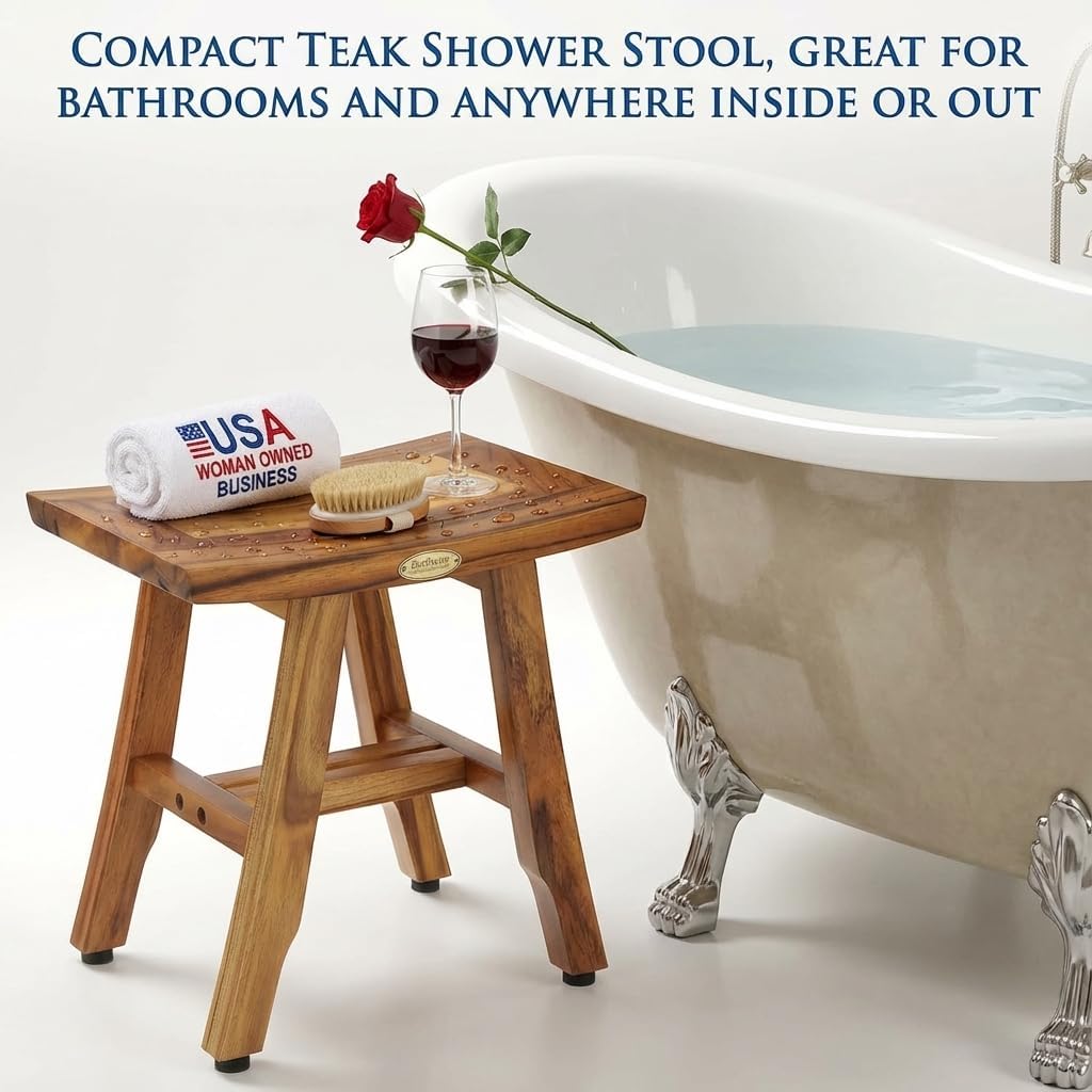 EcoDecors® Satori® 14' Solid Teak Shower Bench, Water-Resistant Bath Stool with Adjustable Feet, EarthyTeak Finish, Indoor/Outdoor Use
