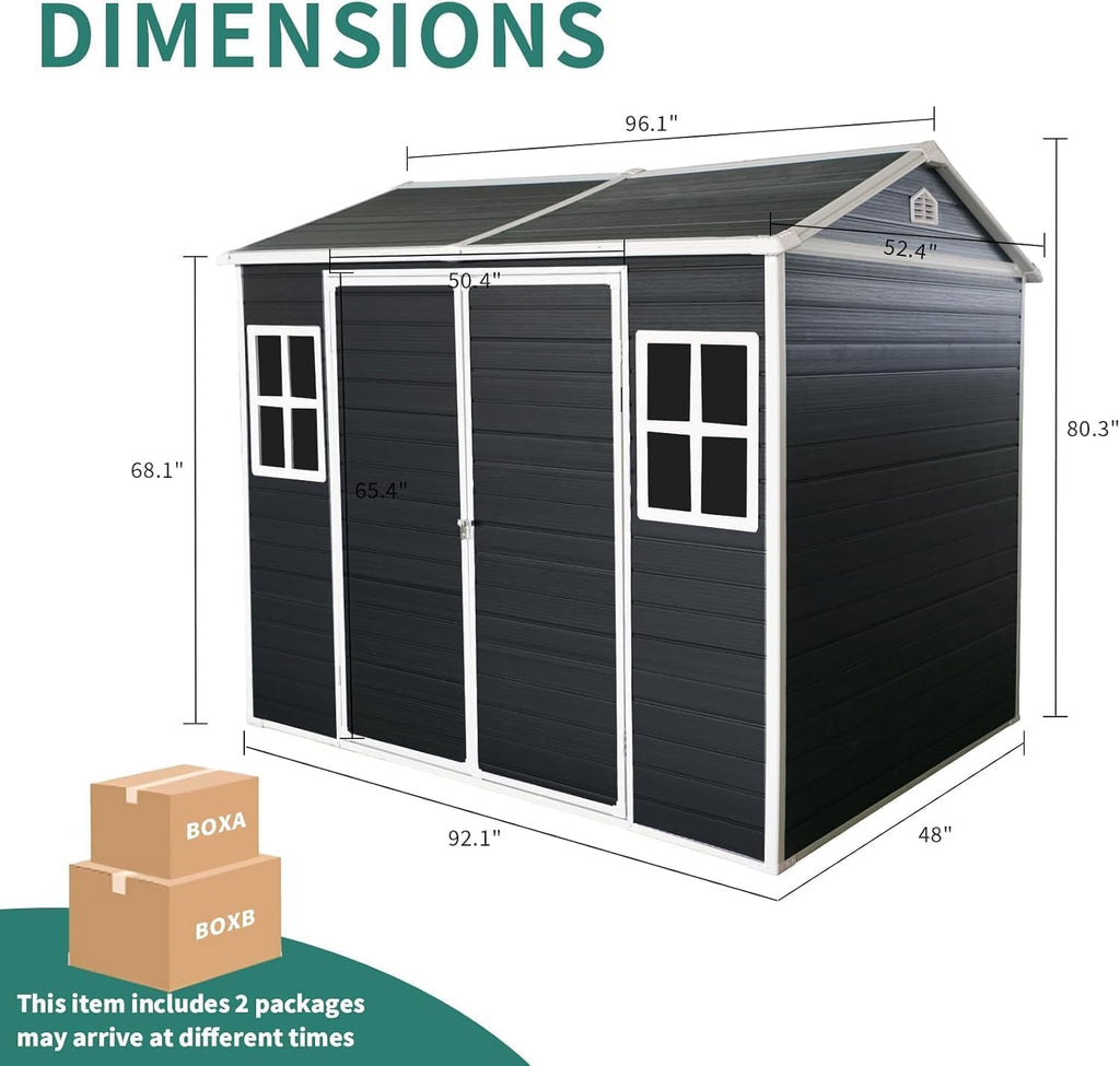 Storage Shed with Floor Included, 8x4FT Resin Storage Shed with Floor 2 Windows and Lockable Door Sheds for Garden Tools, Bike