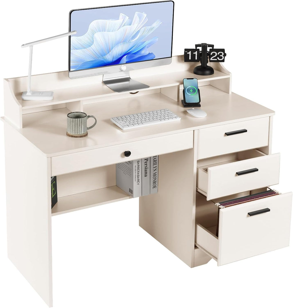 Catrimown Computer Desk with Drawers and Hutch, Farmhouse Home Office Desk, Wood Student Desk with File Drawer for Bedroom, Writing Table for Small Space, Warm White