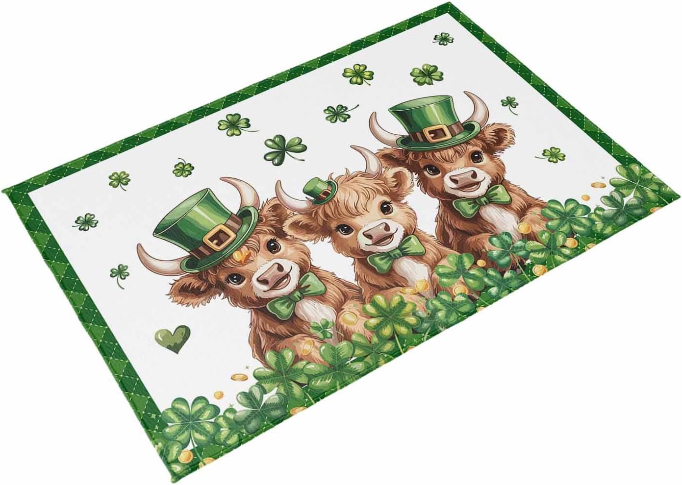 St. Patrick's Day Outdoor Rug for Patio/Deck/Porch, Non-Slip Large Area Rug 4 x 6 Ft, Cute Highland Cow Shamrock Gold Coin Green Indoor Outdoor Rugs Washable Area Rugs, Camping Rug Carpet Runner