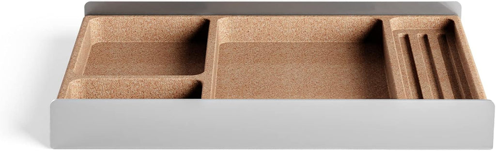 Desk Tray Organiser Drawer with Compartments Cork & Aluminium Catchall Valet Pen Tray for Cockpit Setup Desktop Storage Stationery Organizer (Light)
