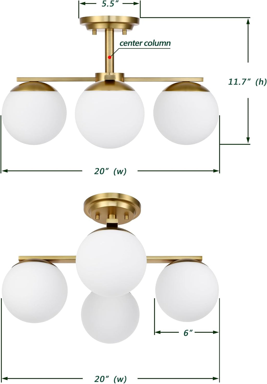 Aged Brass Semi Flush Mount Ceiling Light, 4-Ligh Modern Kitchen Lighting Fixtures with Globe Glass Shade, Hallway Light Fixtures Ceiling Mount for Dining Room, Living Room, Bedroom, Foyer