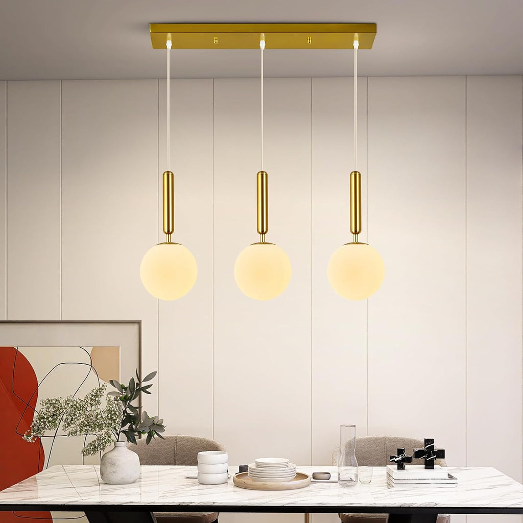 Modern Gold Pendant Light Hanging Fixture Light for Kitchen Island Mid Century with Globe Pendant Light Milk White Glass Pendant Lighting for Living Room Bedroom Entryway (3-Light)