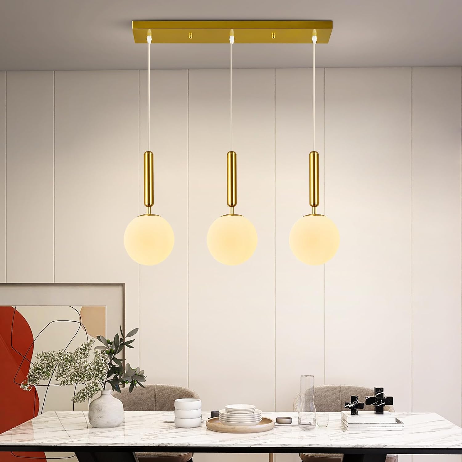 Modern Gold Pendant Light Hanging Fixture Light for Kitchen Island Mid Century with Globe Pendant Light Milk White Glass Pendant Lighting for Living Room Bedroom Entryway (3-Light)