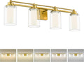 4 Light Bathroom Vanity Light, HWH Brushed Gold Vanity Lights for Bathroom, Brass Gold Wall Light Fixtures Clear Glass, Dimmable LED Vanity Lights for Mirror 24W 5CCT, 5HLT63B-4W-LED BG