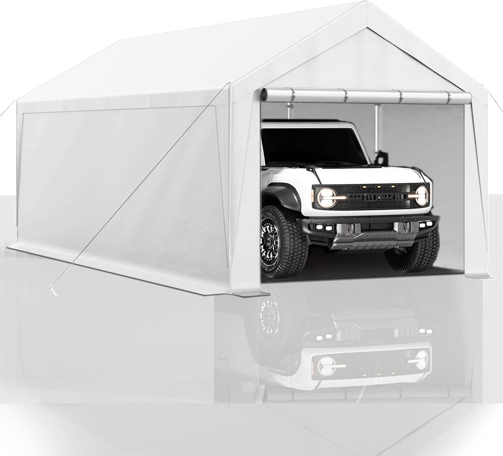 10x20 FT Heavy Duty Carport Car Tent Car Canopy Storage Shed, Portable Garage with Removable Sidewalls & Doors All-Season Tarp for Car,Truck,SUV,Party White