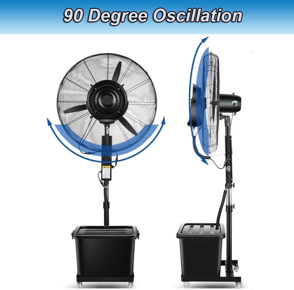 25.6in Outdoor Misting Pedestal Fan, Industrial Cooling Spray Fan, Portable 4 Wheels Adjustable Height, 3 Speeds,120° Oscillation, 11 Gal Bucket, powerful(29.5in)