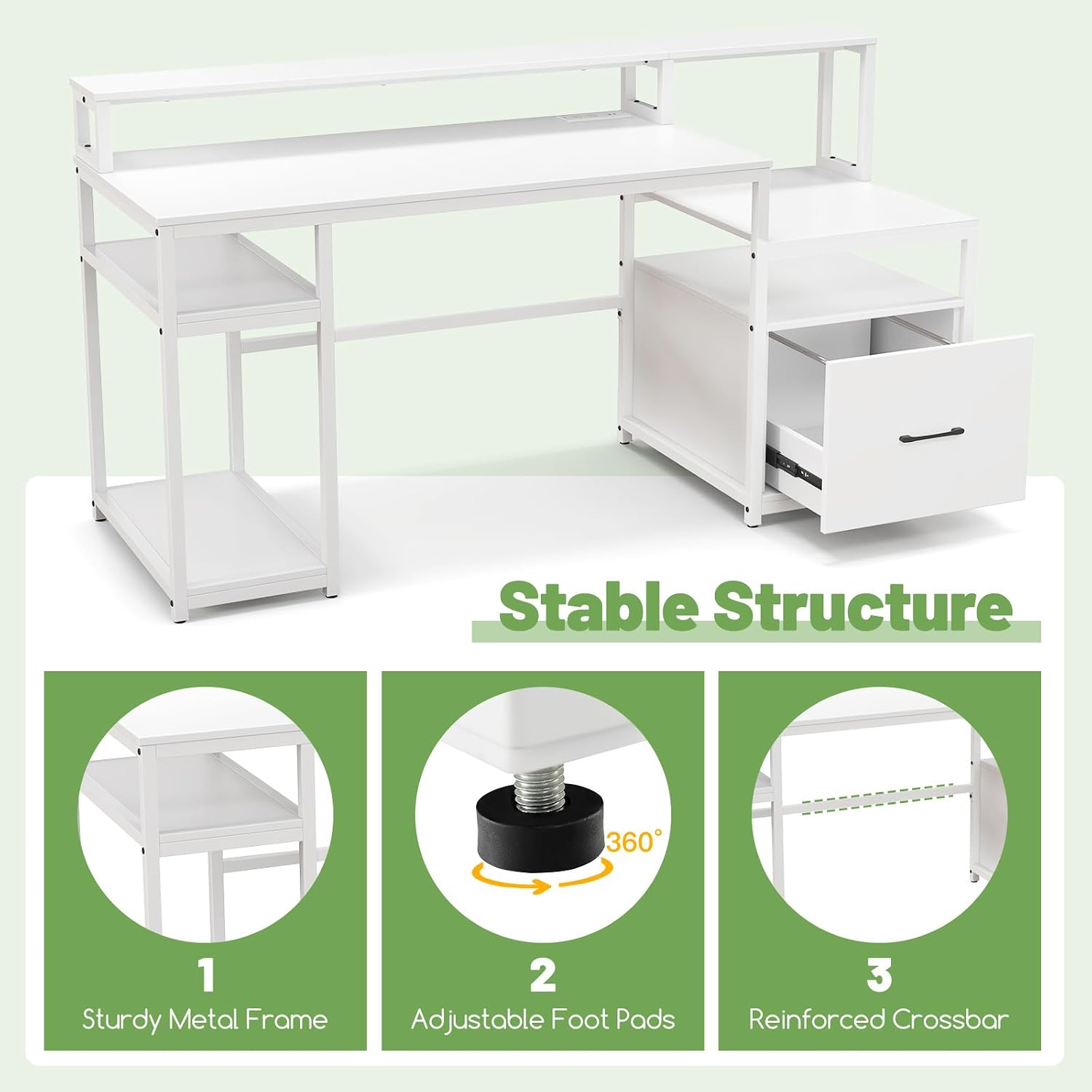 COSTWAY 66-inch Computer Desk with Power Outlet, Office Desk with Monitor Stand, Printer Shelf, File Drawer, CPU Stand, Modern Home Office Desk Computer Workstation, White