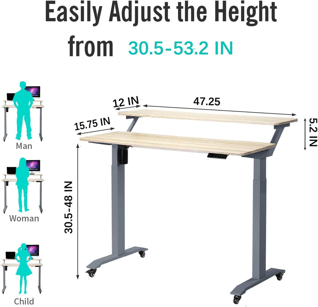 UNICOO Electric Height Adjustable 2-Tier Raising Desk with Wheels, Mobile Standing Desk with Monitor Stand, Ergonomic Adjustable Computer Table, Electric Standing Game Table for Home Office