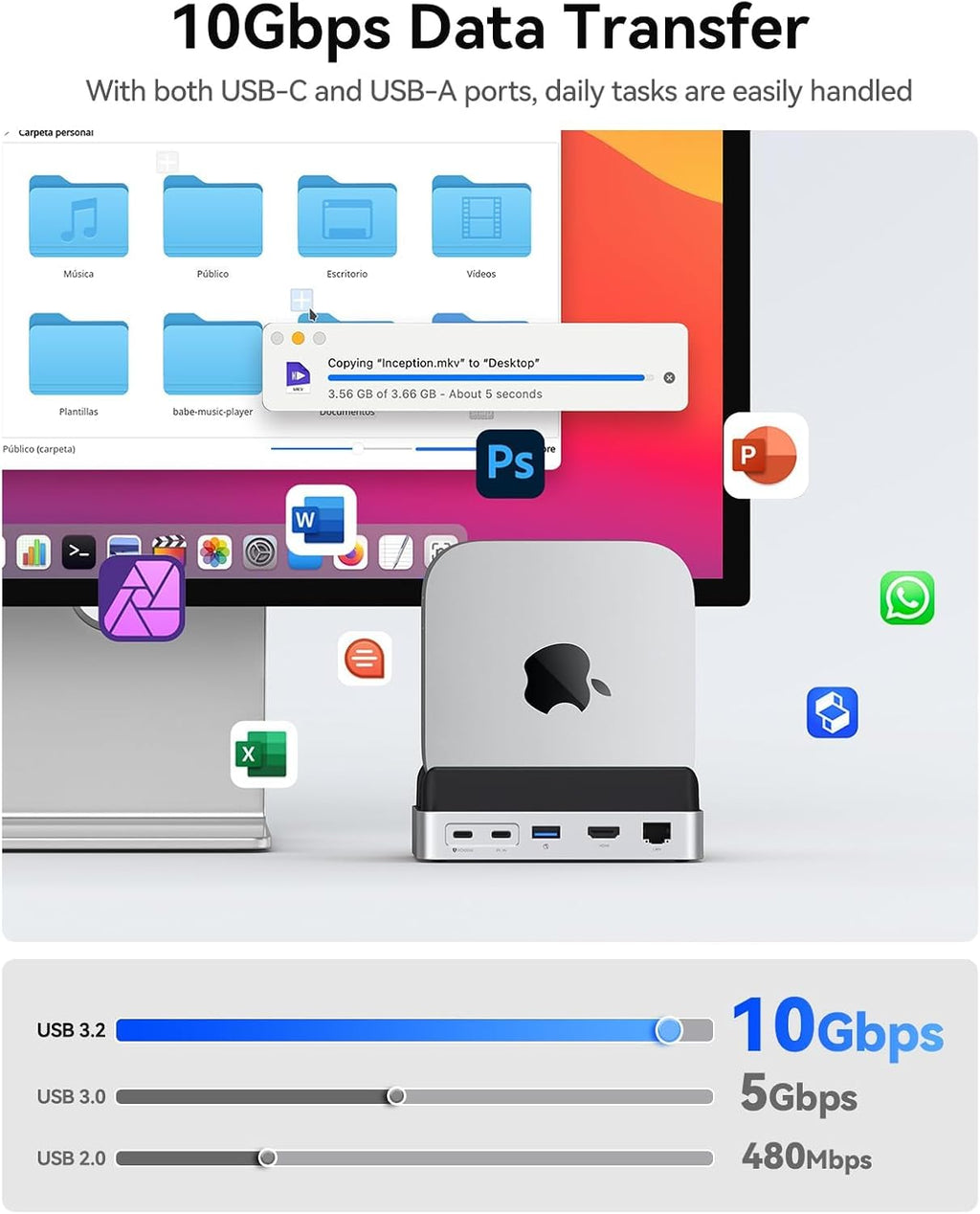 ORICO MiniDock and Stand Compatibility with Mac mini M4, 9-in-1 Aluminum Hub with 4TB NVMe M.2 SSD, 10Gbps USB-C & USB-A,5Gbps USB-A,4K HDMI, Gigabit Ethernet, SD/TF Card Readers,Type-C(PD3.0)