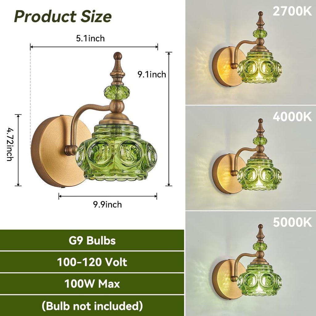 2-Pack Wall Sconces Green + Brass Bathroom Vanity Lighting Fixtures, Vintage Vanity Light Rust-Proof and Durable for Bedroom Living Room Hallway