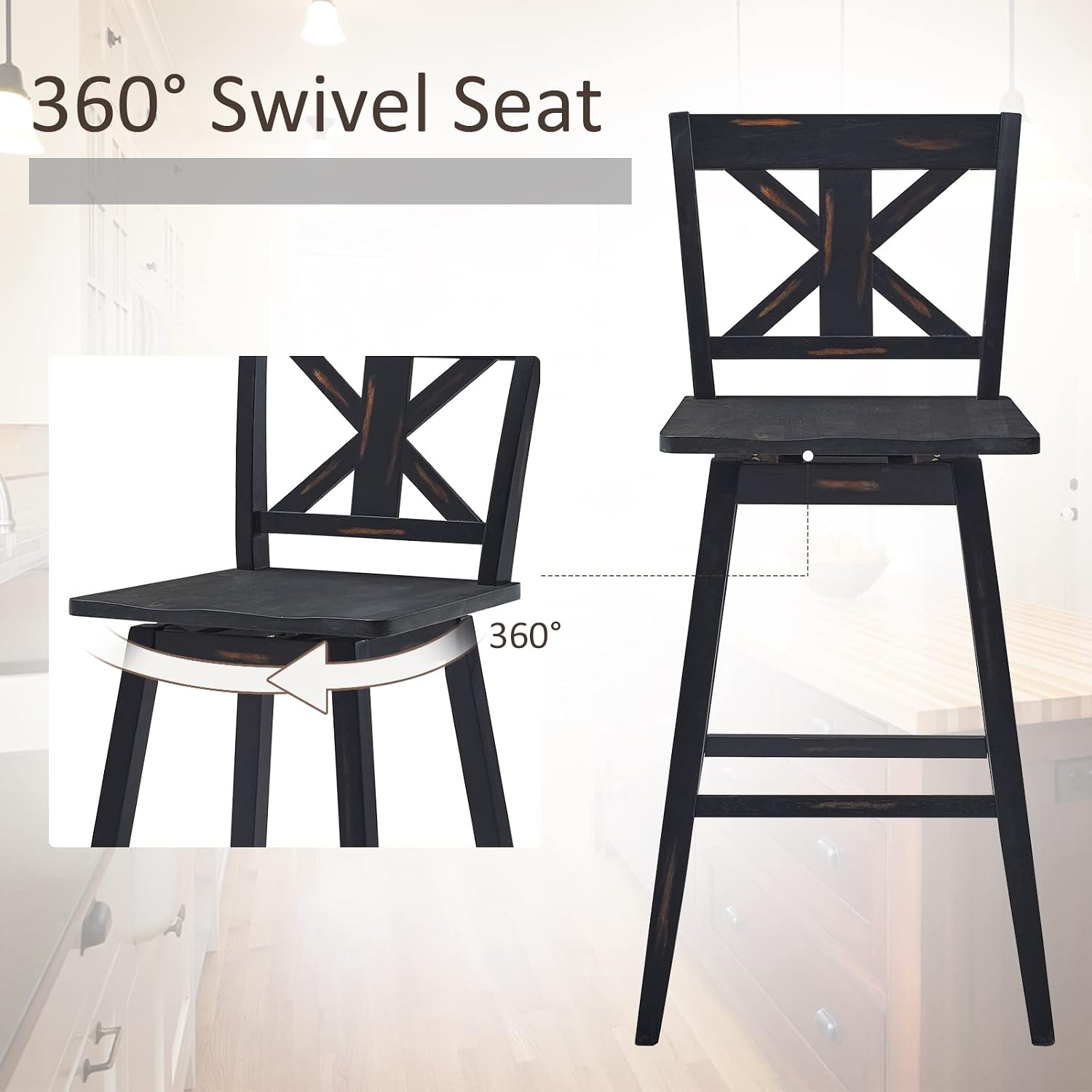 COSTWAY Bar Stools Set of 4, 360 Degree Swivel, 29-inch Height Chairs w/Non-Slip Foot Pads, Rubber Wood Bar Chairs, Vintage Bar Stools for Home, Restaurant (Black)