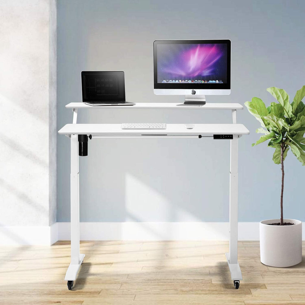 UNICOO Electric Height Adjustable 2-Tier Raising Desk with Wheels, Mobile Standing Desk with Monitor Stand, Ergonomic Adjustable Computer Table, Electric Standing Game Table for Home Office