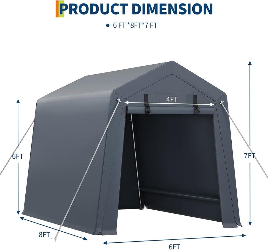 GarveeHome 6x6 FT Portable Outdoor Storage Shed with Roll-Up Zipper Door & Vent, 240G Heavy-Duty Shelter Waterproof PE Tarp, UV-Resistant Carport for Motorcycle, Firewood, Tools -Gray (Gray, 6x8)