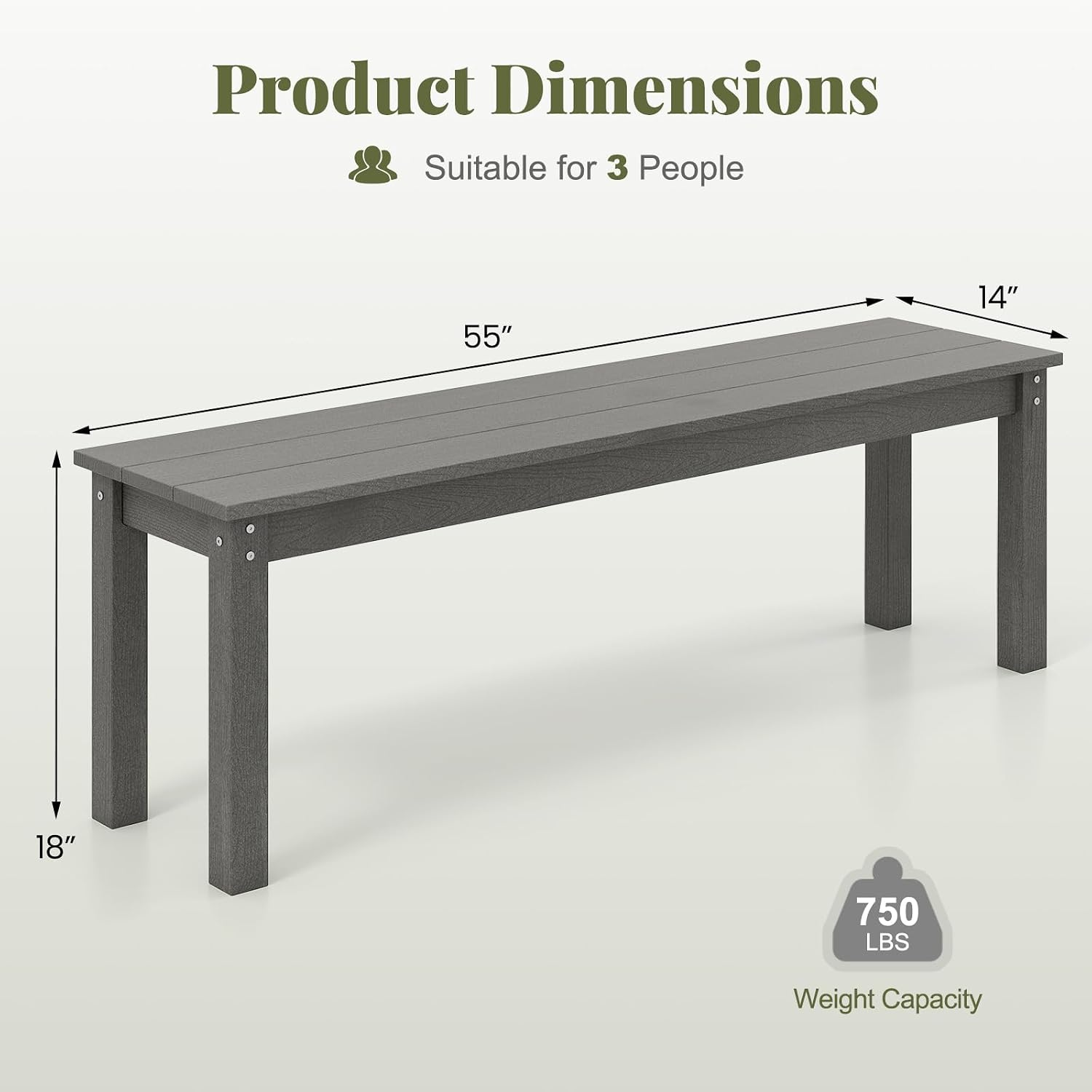 Tangkula HDPE Outdoor Bench, 2-3 Person Patio Bench, 55' Backless Garden Dining Bench with Slatted Seat, Weatherproof Park Bench for Entryway, Porch, Lawn & Backyard (Grey,2)