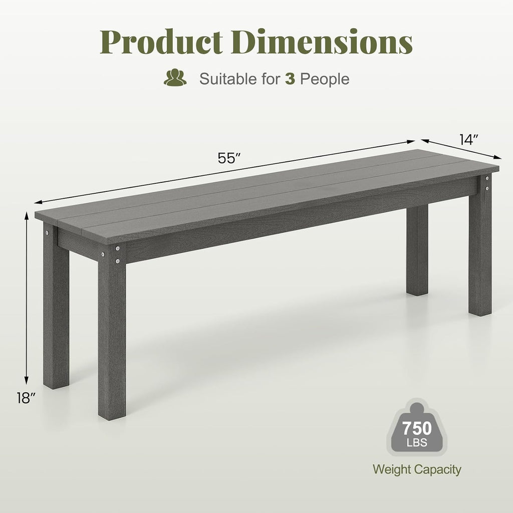 Tangkula HDPE Outdoor Bench, 2-3 Person Patio Bench, 55' Backless Garden Dining Bench with Slatted Seat, Weatherproof Park Bench for Entryway, Porch, Lawn & Backyard (Grey,1)