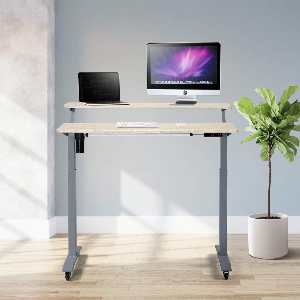 UNICOO Electric Height Adjustable 2-Tier Raising Desk with Wheels, Mobile Standing Desk with Monitor Stand, Ergonomic Adjustable Computer Table, Electric Standing Game Table for Home Office
