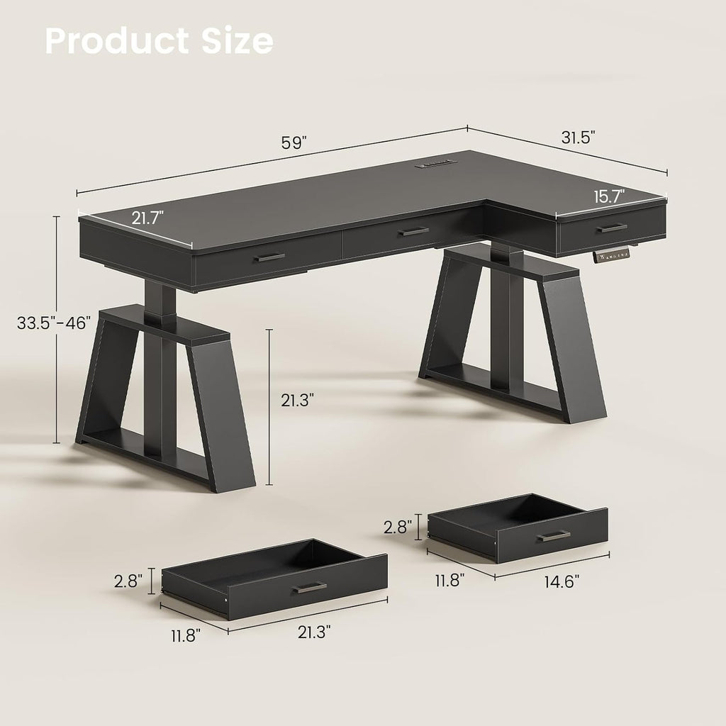SEDETA 59 Inch L Shaped Electric Standing Desk with Drawers, Executive Adjustable Desk with Power Outlets, Monitor Stand, Sit Stand Computer Table for Home Office, Black