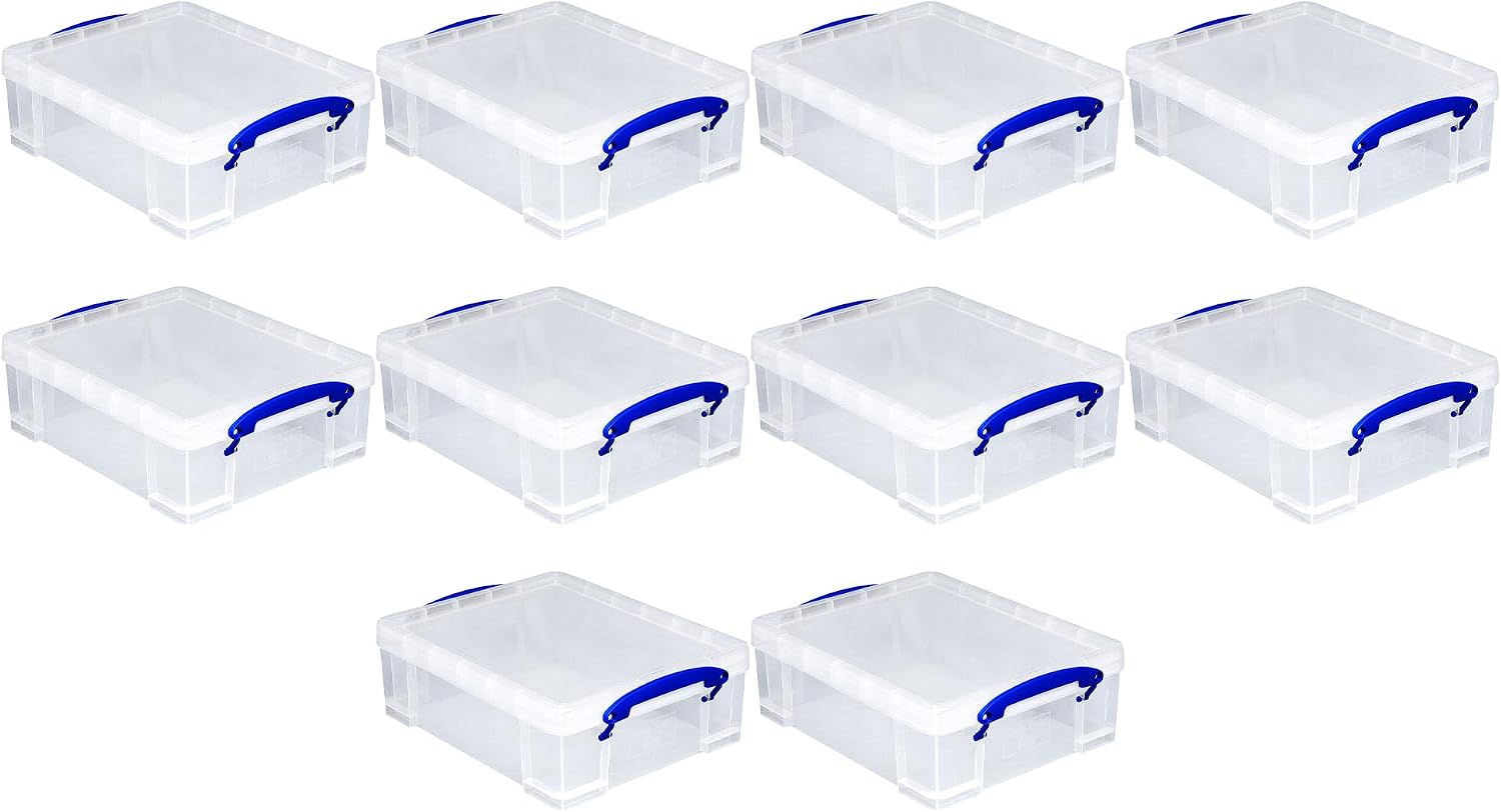 Really Useful Box Stackable 8.1L Plastic Storage Container Bin with Snap Lid & Built-in Clip Lock Handles for Home & Office Organization (10 Pack)