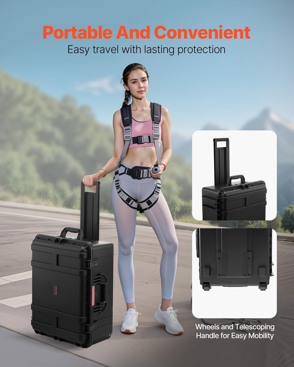 VEVOR Weatherproof Hard Case, Heavy Duty Protective Dry Box Case with Pre-Cut Foam, Wheel Retractable Pull Handles for Travel, Hunt, Military, Tactical, IP67 Waterproof Case for Camera(24.8*19.7*12.5)