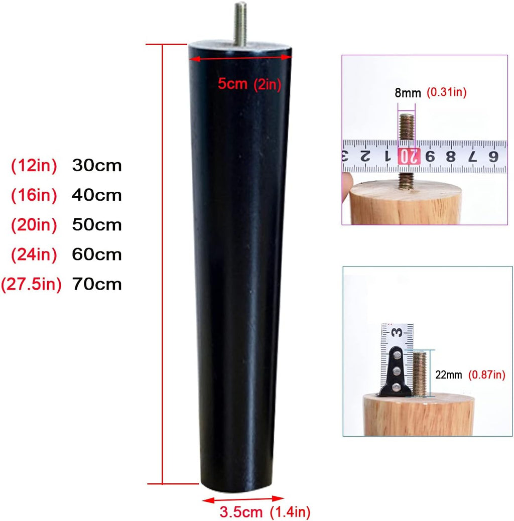 NIANXINN Wooden Furniture Legs,Set of 4 Black Solid Wood M8 Bolt& Rubber Pads Furniture Replacement Feet,for Cabinet Chair Couch Desk Bed Legs Coffee Table Furniture Hardware Accessories (24inch)