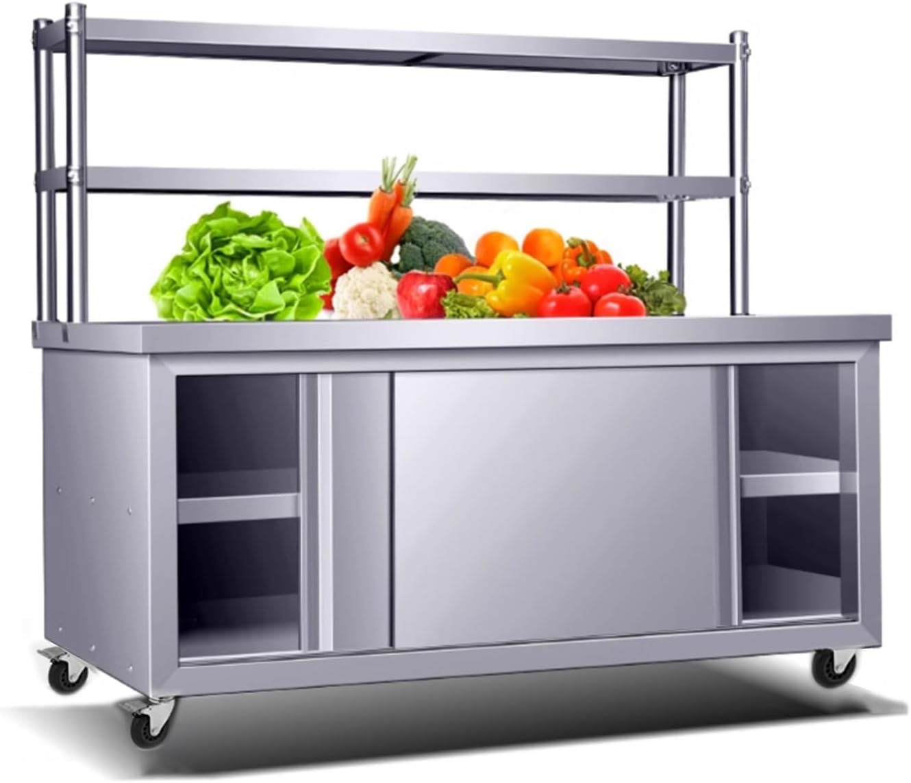 Stainless Steel Work Table Cabinet with 2 Sliding Doors, Commercial Kitchen Prep Table, Heavy Duty Workbench Large Space Storage Cabinet Chopping Metal table, for Restaurant Home and Hotel(12