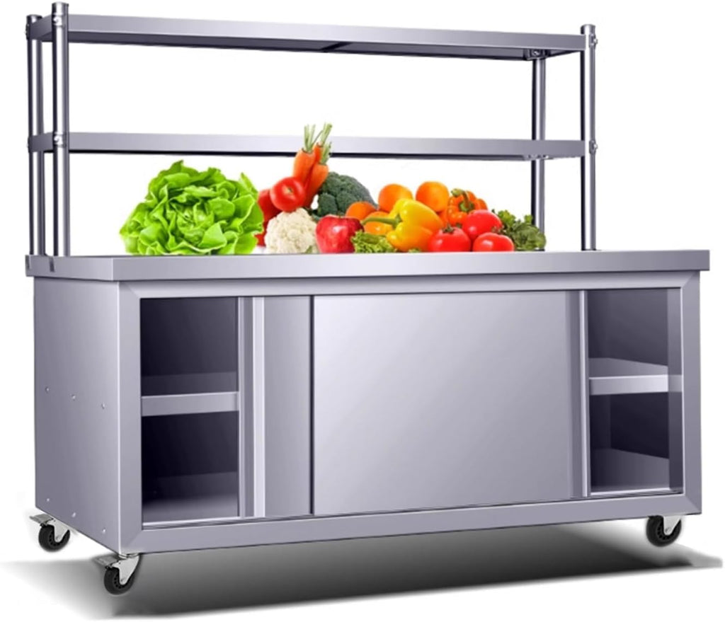 Stainless Steel Work Table Cabinet with 2 Sliding Doors, Commercial Kitchen Prep Table, Heavy Duty Workbench Large Space Storage Cabinet Chopping Metal Table, for Restaurant Home and Hotel(10