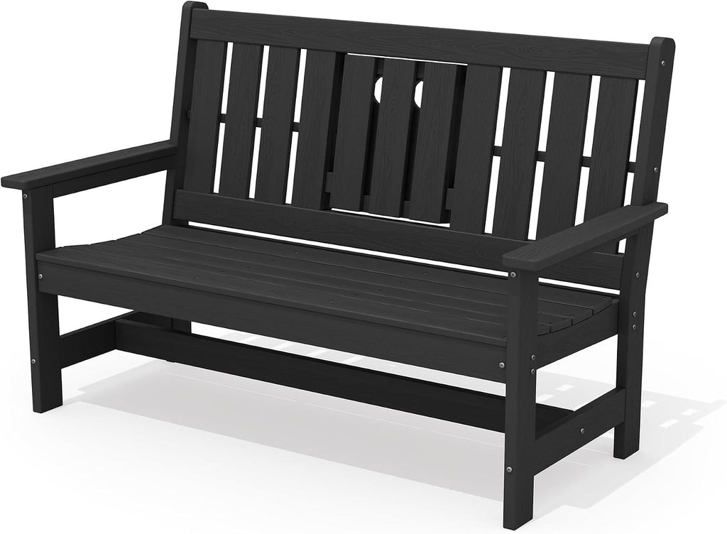 SERWALL Outdoor Bench with Cup Holder, 58' HDPE Garden Park Bench Suitable for 3 Person, All Weather Patio Benches with High Backrest and Wide Armrests for Garden, Park, Yard, Front Porch, Black